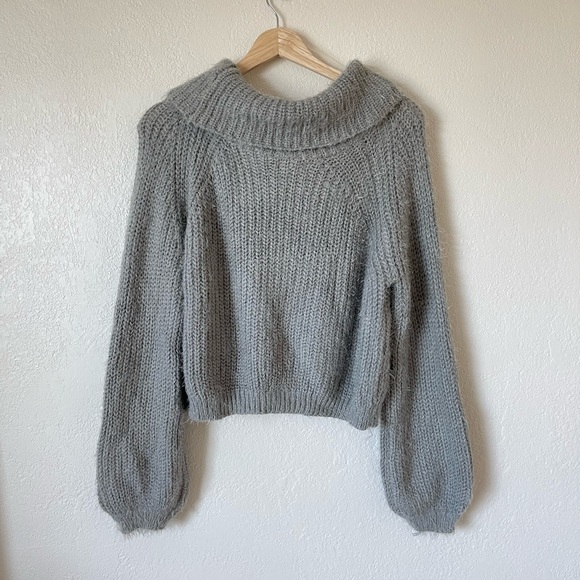 Main Strip Eyelash Knit Cowl Neck Grey Sweater - Picture 5 of 5